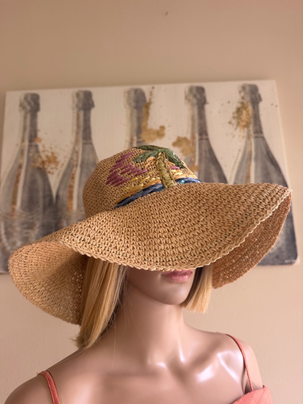 Wide Brim Straw Sun Hat with Colorful Embroidery